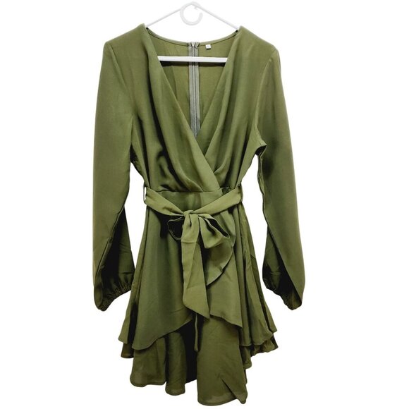 Green Long-Sleeve V-Neck Wrap Dress With Ruffle Hem & Tie Waist - Size L - Picture 2 of 12